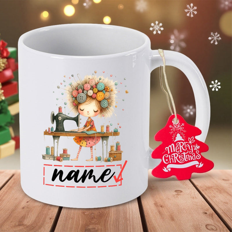 Tailorly White Ceramic 11 oz Mug - Merry Christmas Whimsical Artist Sewing With Colorful Yarn Hair At Wooden Table Girl