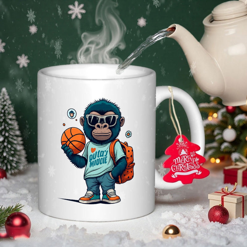 Tailorly White Ceramic 11 oz Mug - Merry Christmas Stylish Cartoon Ape Wearing Sunglasses And Backpack Holding Sports Gorilla