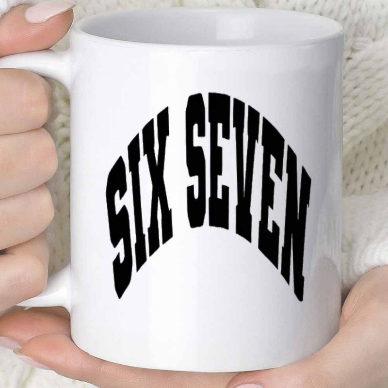 Tailorly White Ceramic 11 oz Mug - Six Seven Minimalist Black Arched Collegiate Style Bold Lettering On Smooth Ceramic Surface Mug