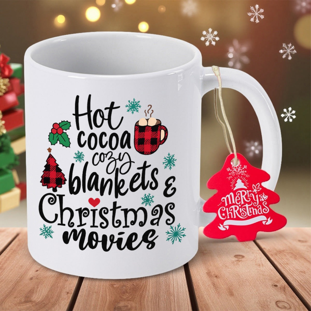 Tailorly White Ceramic 11 oz Mug - Hot Cocoa Cozy Blankets Christmas Movies Festive Ceramic Cup With Buffalo Plaid Tree And Snowflakes Mug