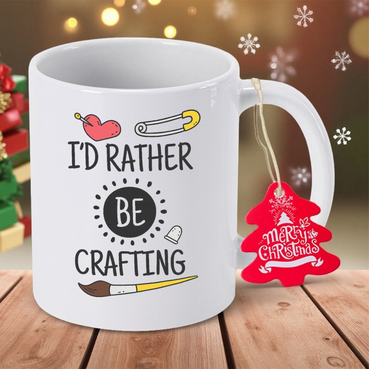 Tailorly White Ceramic 11 oz Mug - I D Rather Be Crafting Hand Drawn Sewing Tools With Paintbrush And Safety Pin Art