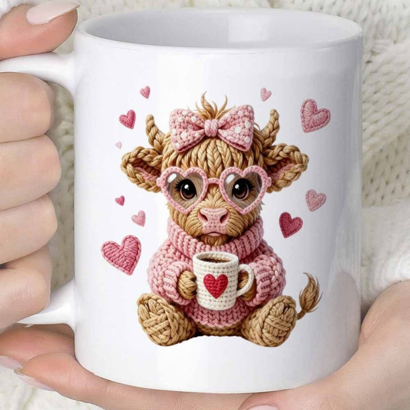 Tailorly White Ceramic 11 oz Mug - Adorable Knitted Baby Highland Calf Wearing Pink Bow And Glasses Cow