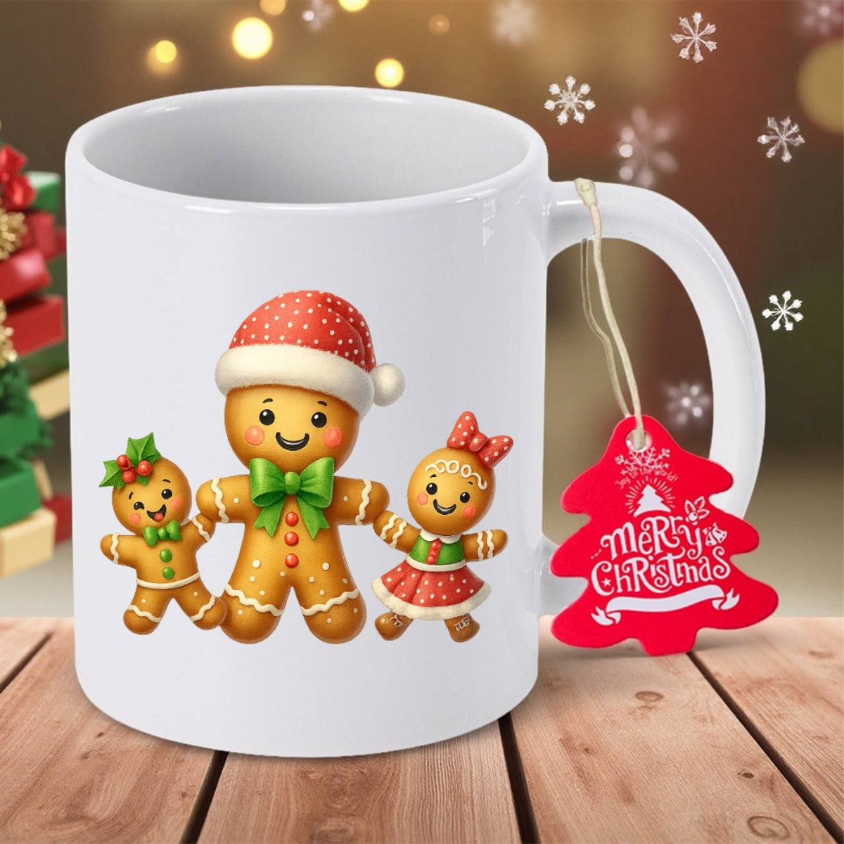 Tailorly White Ceramic 11 oz Mug - Merry Christmas Adorable Festive Figures Wearing Holiday Accessories On Smooth Ceramic Gingerbread Family
