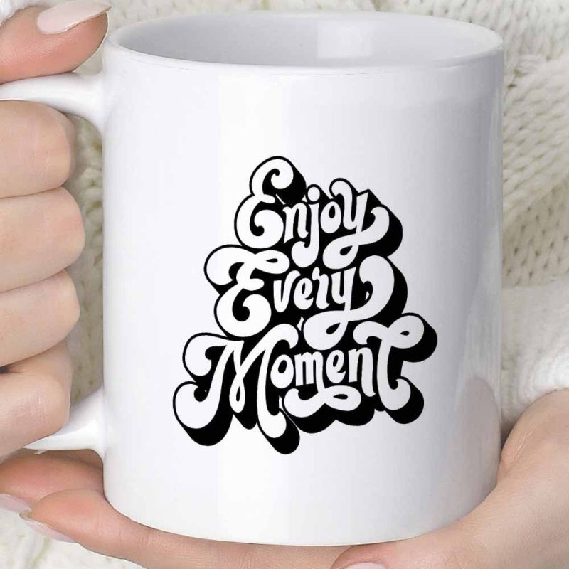 Tailorly White Ceramic 11 oz Mug - Enjoy Every Moment Retro Groovy Bubble Letters With Thick Black Shadows And Classic Typography
