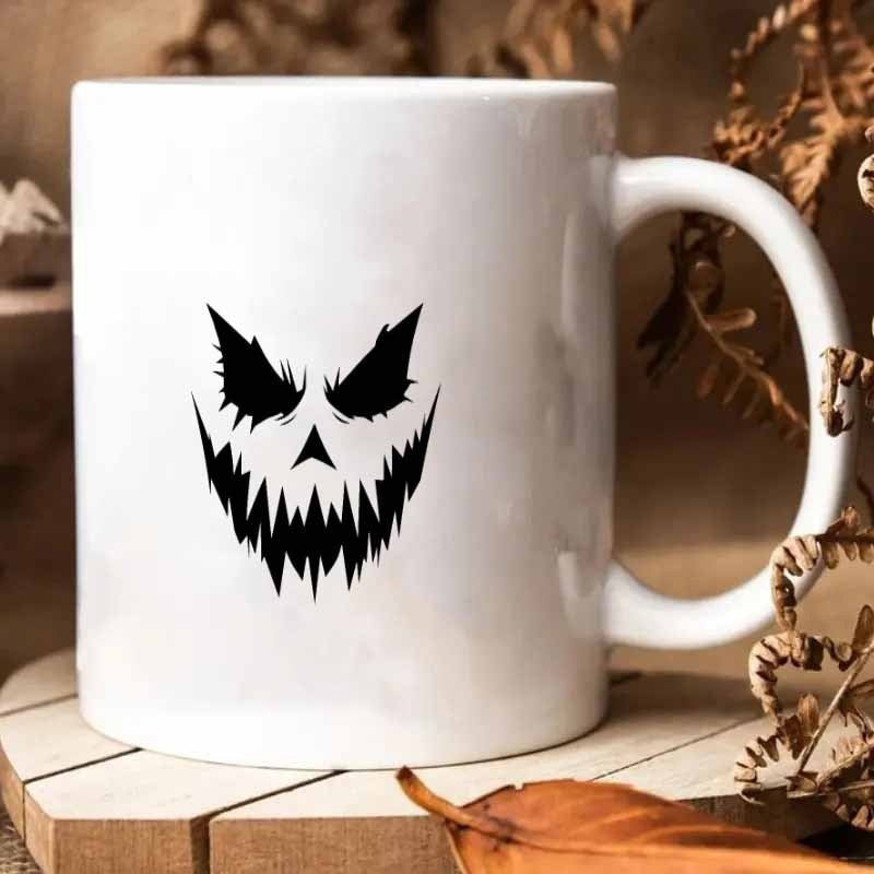 Tailorly White Ceramic 11 oz Mug - Spooky Jagged Teeth Grinning Monster Face With Sharp Eyes Halloween Face
