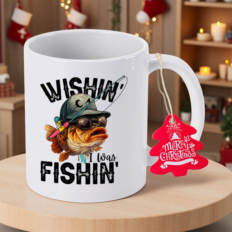 Tailorly White Ceramic 11 oz Mug - Wishin I Was Fishin Cartoon Character Wearing Sunglasses And Hat Holding A Long Fishing Pole Fish