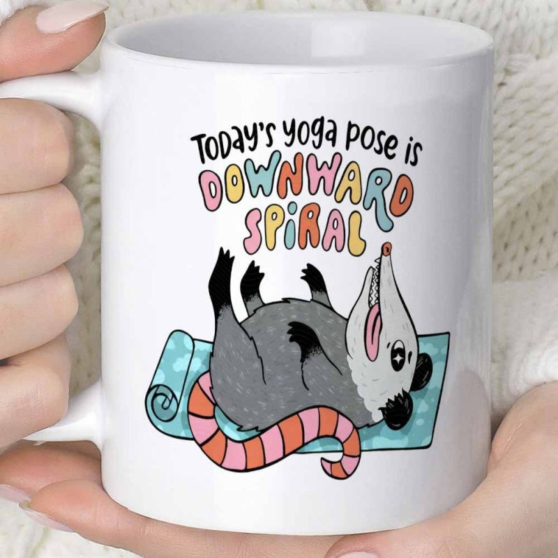 Tailorly White Ceramic 11 oz Mug - Todays Yoga Pose Is Downward Spiral Exhausted Cartoon Animal Resting On A Blue Yoga Mat Opossum