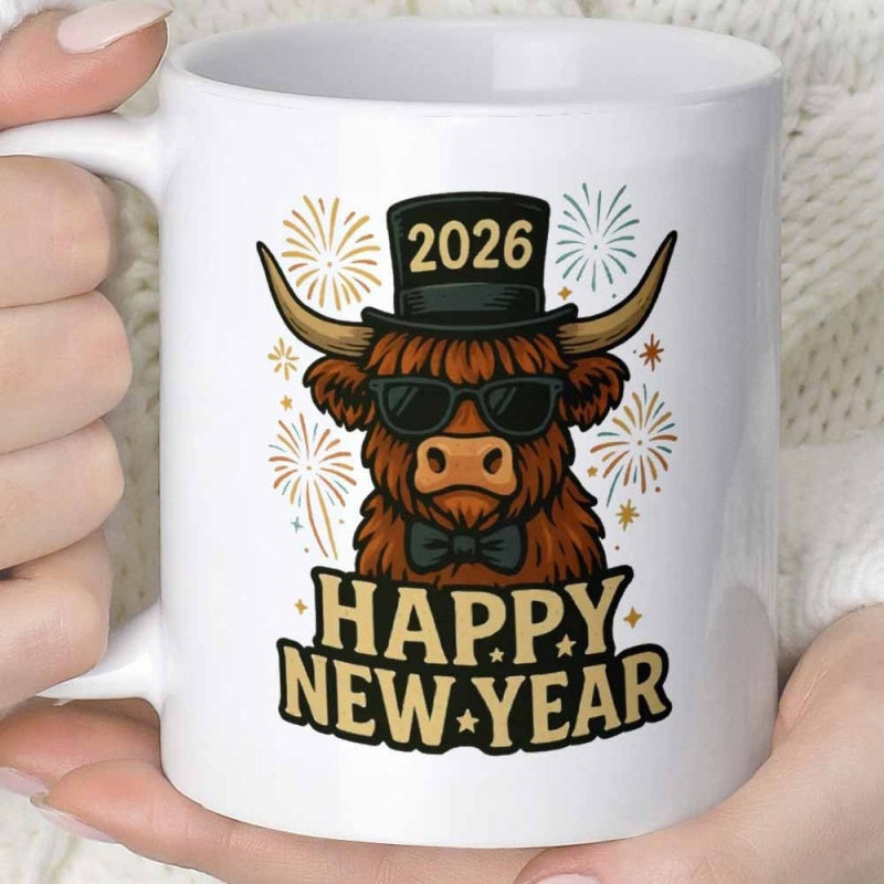Tailorly White Ceramic 11 oz Mug - Happy New Year 2026 Shaggy Brown Fur Wearing Top Hat And Sunglasses Among Festive Fireworks Highland Cow