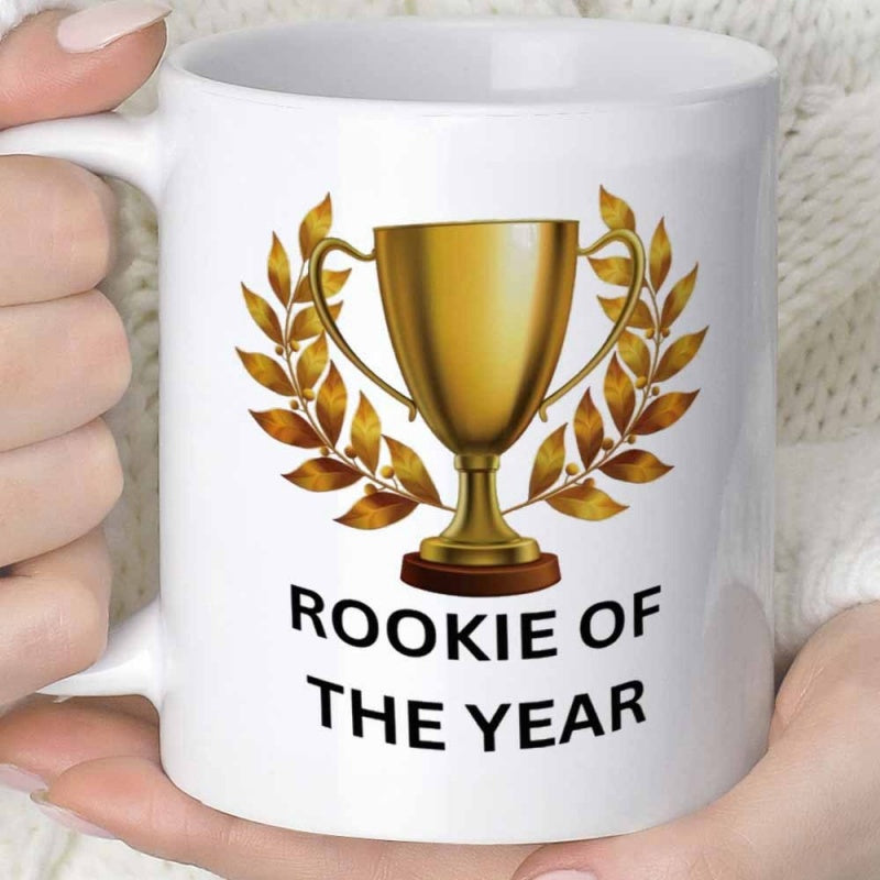 Tailorly White Ceramic 11 oz Mug - Rookie Of The Year Shimmering Golden Trophy Within A Circular Laurel Wreath Pattern Trophy