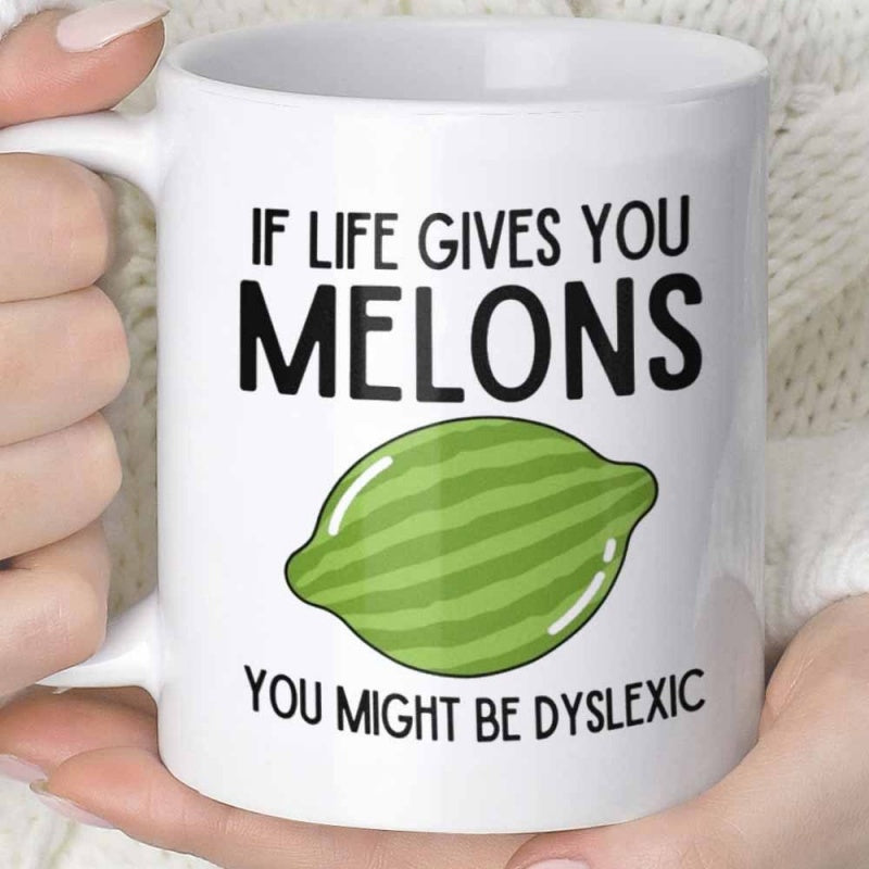 Tailorly White Ceramic 11 oz Mug - If Life Gives You Melons You Might Be Dyslexic Vibrant Striped Green Cartoon Fruit Sitting On Pure White Background Melon