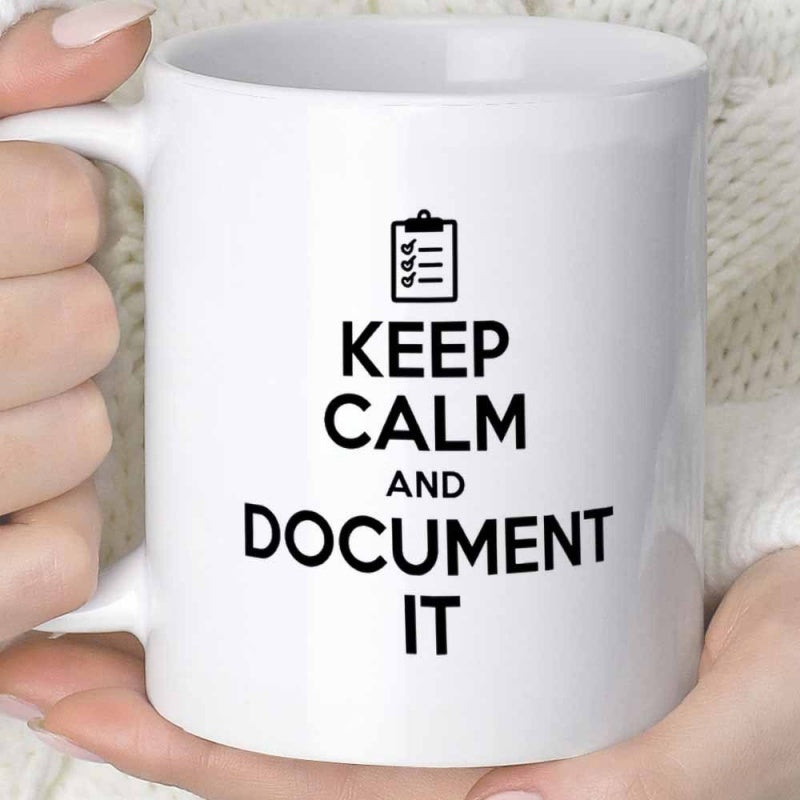 Tailorly White Ceramic 11 oz Mug - Keep Calm And Document It Simple Black Minimalist Clipboard Icon Centered Above Bold Motivational Script Mug
