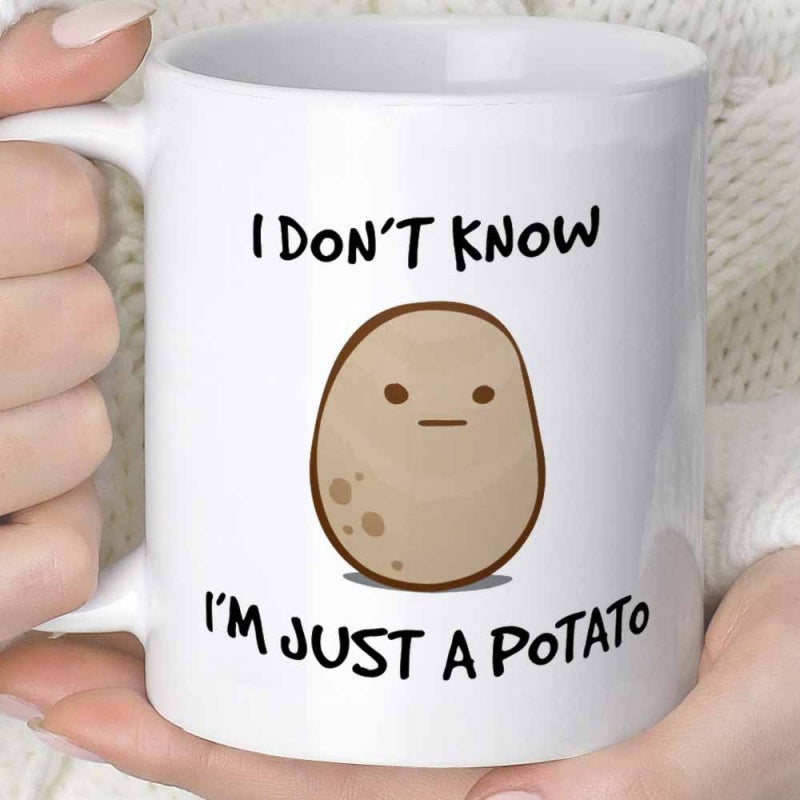 Tailorly White Ceramic 11 oz Mug - I Don't Know I'm Just A Potato Cute Brown Oval Vegetable Character With Tiny Face Potato