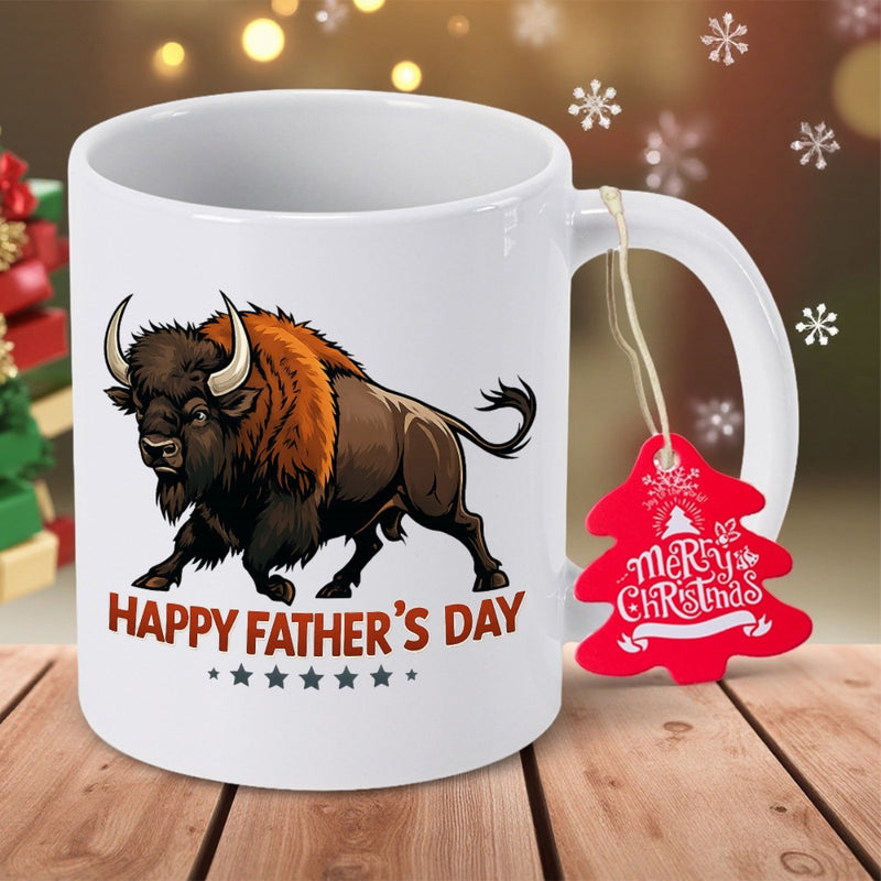 Tailorly White Ceramic 11 oz Mug - Happy Fathers Day Mighty American Buffalo Charging With Sharp Horns And Brown Fur Bison