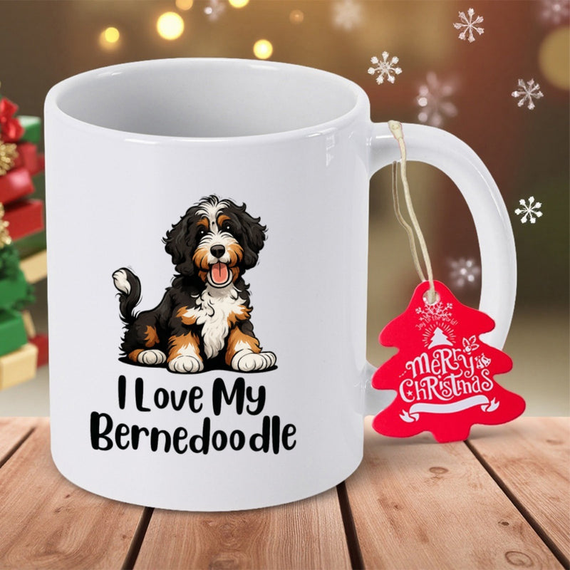 Tailorly White Ceramic 11 oz Mug - I Love My Bernedoodle Merry Christmas Adorable Fluffy Puppy Sitting Comfortably With A Happy Expression Dog