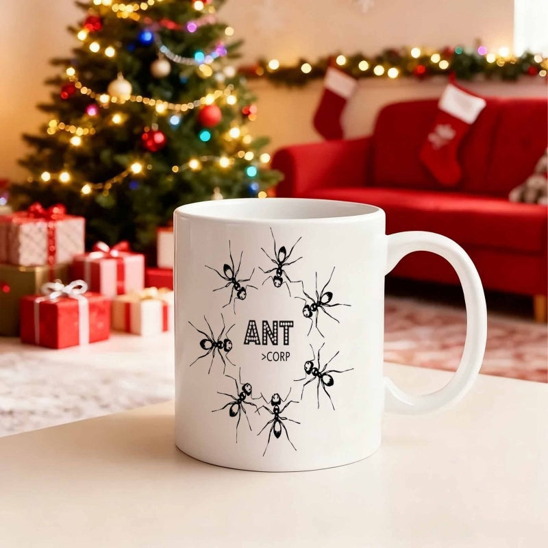Tailorly White Ceramic 11 oz Mug - Ant Corp Tiny Black Insects Crawling In A Circular Pattern Around Minimalist Text Ant