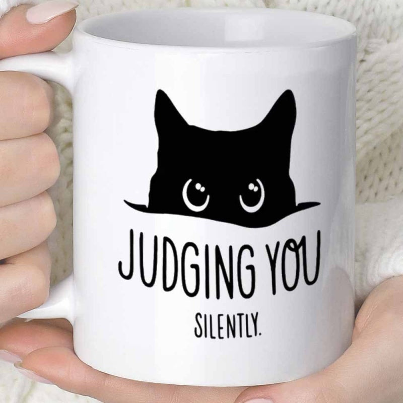 Tailorly White Ceramic 11 oz Mug - Judging You Silently Minimalist Peeking Black Cat With Large Curious Eyes Silhouette Cat
