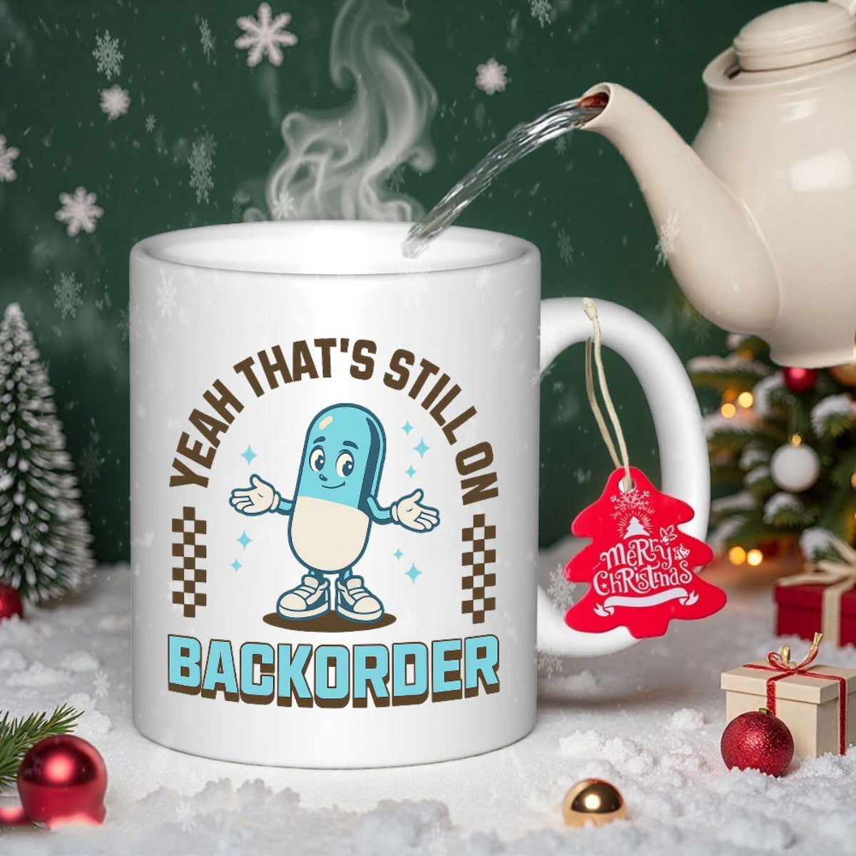 Tailorly White Ceramic 11 oz Mug - Yeah Thats Still On Backorder Cute Smiling Cartoon Capsule Character Wearing Small Sneakers Between Checkered Patterns Capsule