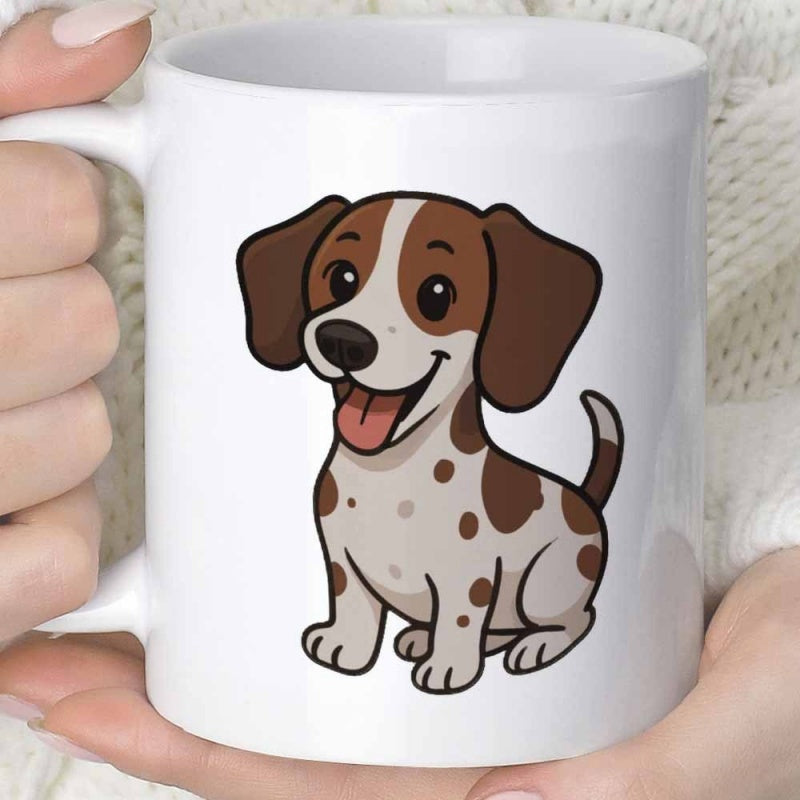 Tailorly White Ceramic 11 oz Mug - Playful Cartoon Spotted Puppy Sitting With A Happy Smiling Face Brown Dog