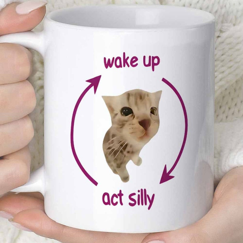 Tailorly White Ceramic 11 oz Mug - Wake Up Act Silly Adorable Tabby Cat Floating Within Purple Circular Arrows In Minimalist Design Cat
