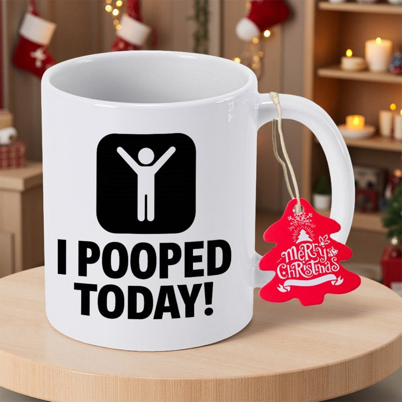 Tailorly White Ceramic 11 oz Mug - I Pooped Today Black Icon Square With Happy Stick Figure Character Celebrating Success Mug