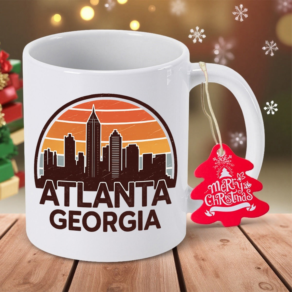 Tailorly White Ceramic 11 oz Mug - Atlanta Georgia Retro Sun Setting Behind Urban Silhouette Within A Sunset Landscape Cityscape