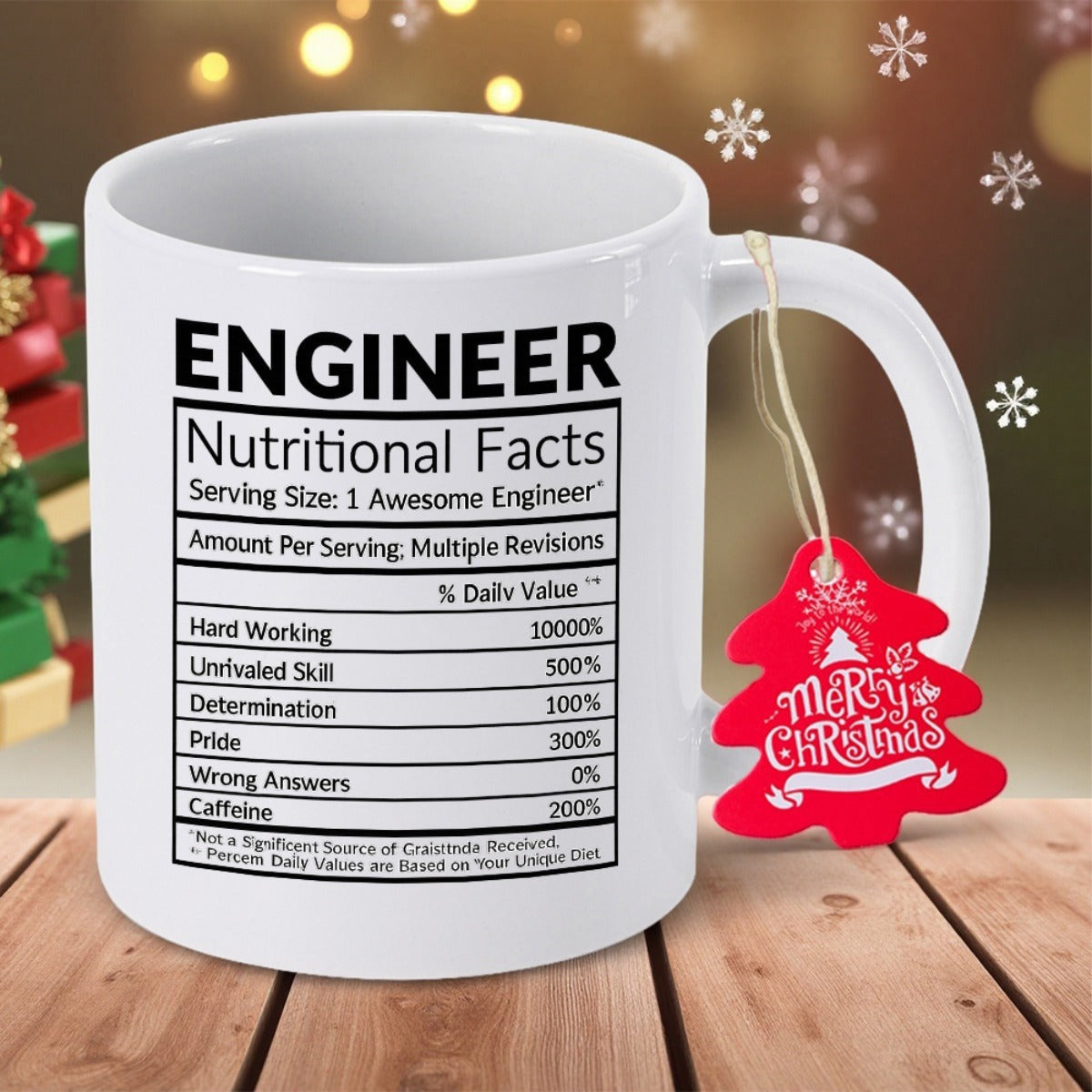 Tailorly White Ceramic 11 oz Mug - Engineer Nutritional Facts Merry Christmas Sleek White Ceramic Cylindrical Body Beside Festive Red Holiday Tag Mug
