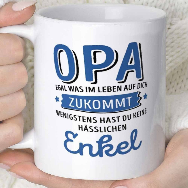 Tailorly White Ceramic 11 oz Mug - White Ceramic Drinking Vessel Featuring Decorative Banner With German Typography Mug