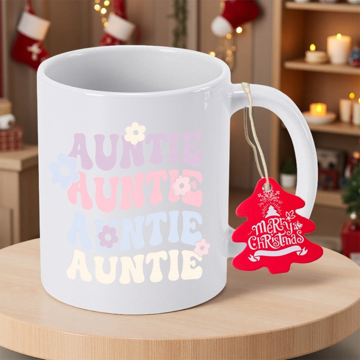 Tailorly White Ceramic 11 oz Mug - Auntie Retro Wavy Pastel Letters Decorated With Dainty Little Flowers Mug
