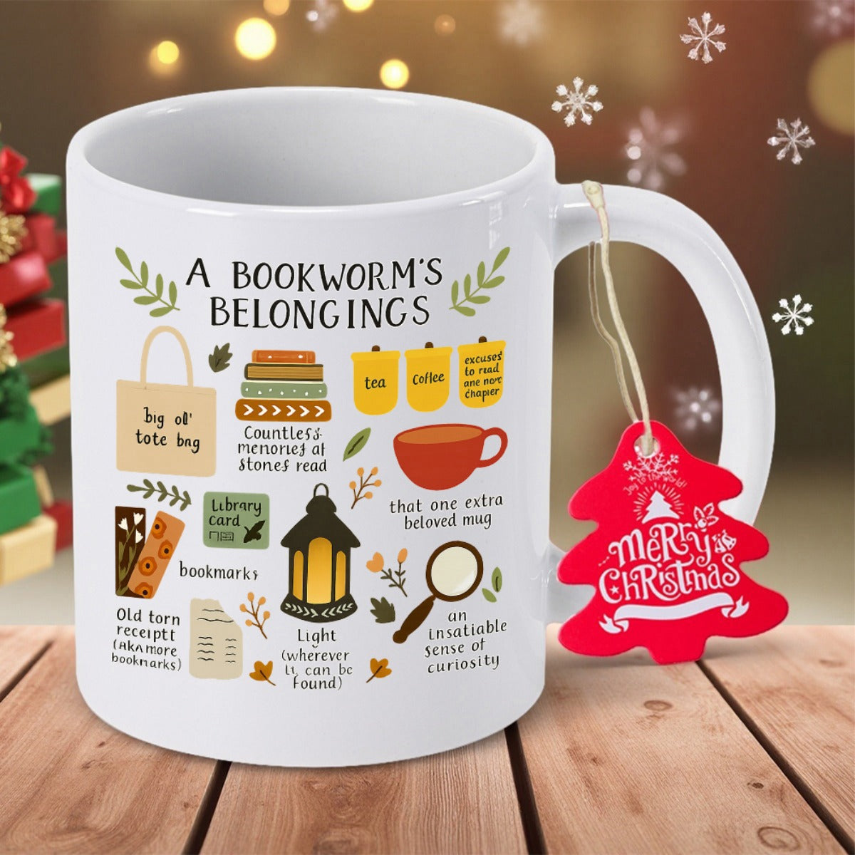 Tailorly White Ceramic 11 oz Mug - A Bookworm's Belongings Cozy Hand Drawn Reading Elements With Tea And Books Mug