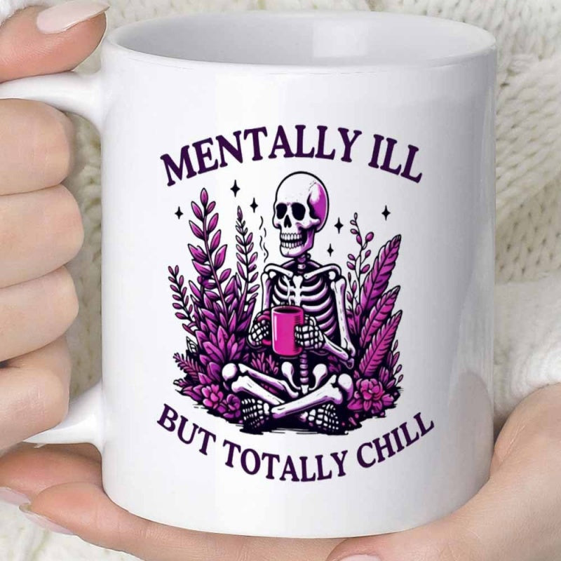 Tailorly White Ceramic 11 oz Mug - Mentally Ill But Totally Chill Relaxed Meditating Figure Sitting Among Vibrant Purple Lavender Foliage Skeleton