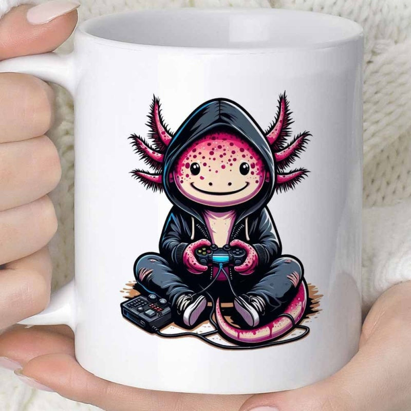 Tailorly White Ceramic 11 oz Mug - Adorable Pink Character Wearing Black Hoodie Holding Gaming Controller Axolotl