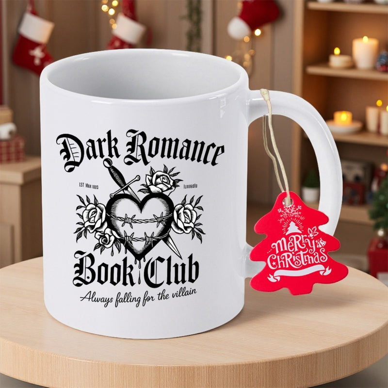 Tailorly White Ceramic 11 oz Mug - Dark Romance Book Club Always Falling For The Villain Intricate Tattoo Style Illustration Wrapped In Barbed Wire And Roses Heart