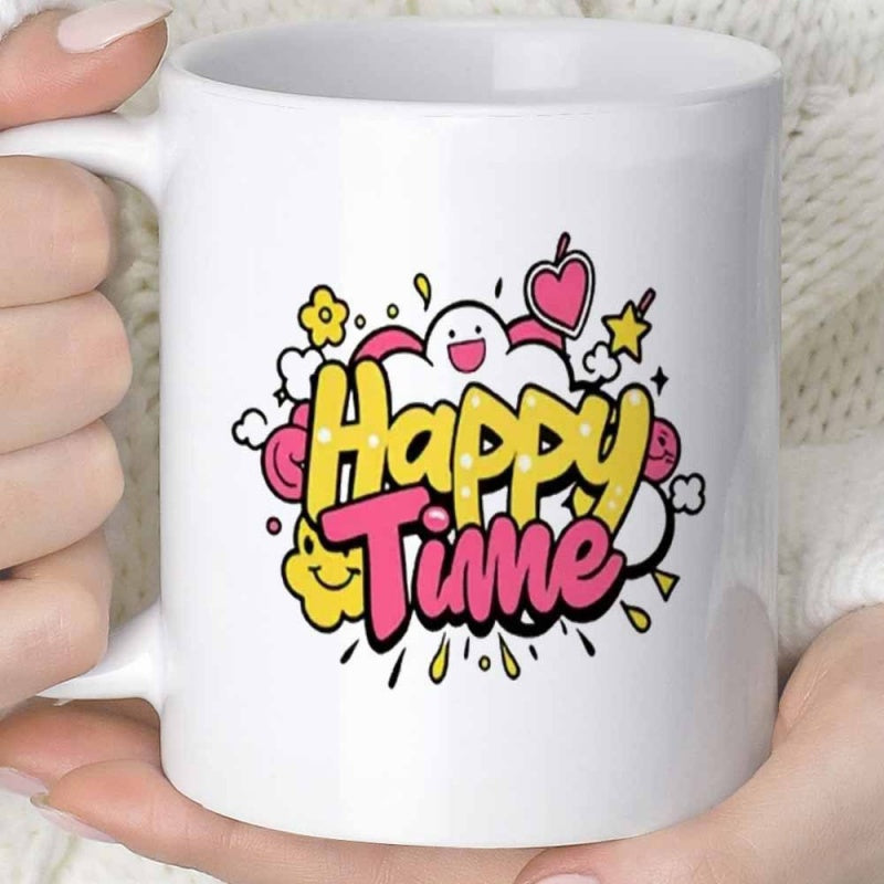 Tailorly White Ceramic 11 oz Mug - Happy Time Colorful Doodle Elements Including Smiling Clouds And Vibrant Hearts Among Golden Stars Pattern