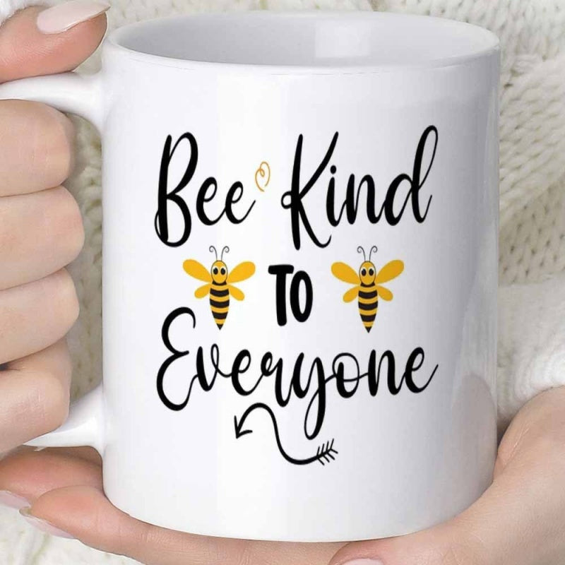 Tailorly White Ceramic 11 oz Mug - Bee Kind To Everyone Two Small Yellow Bees Dancing With Gentle Cursive Motivational Script Phrase Bee
