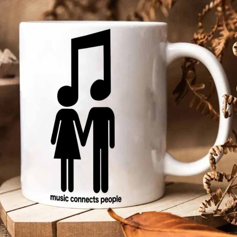 Tailorly White Ceramic 11 oz Mug - Music Connects People Simple Black Musical Note Silhouette Holding Hands Creative Design Couple