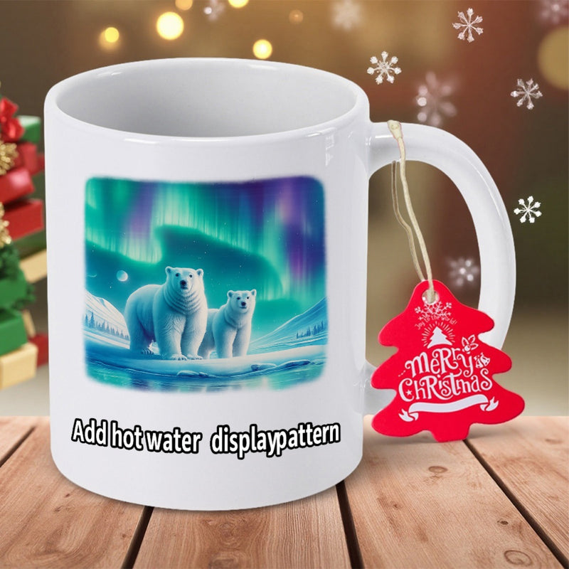 Tailorly White Ceramic 11 oz Mug - Add Hot Water Displaypattern Two Majestic Polar Bears Standing On Snowy Ice Under Shimmering Aurora Borealis Polar Bear