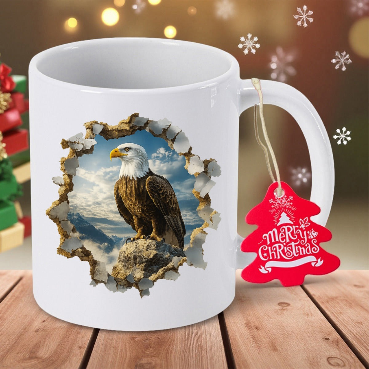 Tailorly White Ceramic 11 oz Mug - Merry Christmas Majestic Bald Eagle Perched On Rugged Rocks Under Cloudy Blue Sky Eagle