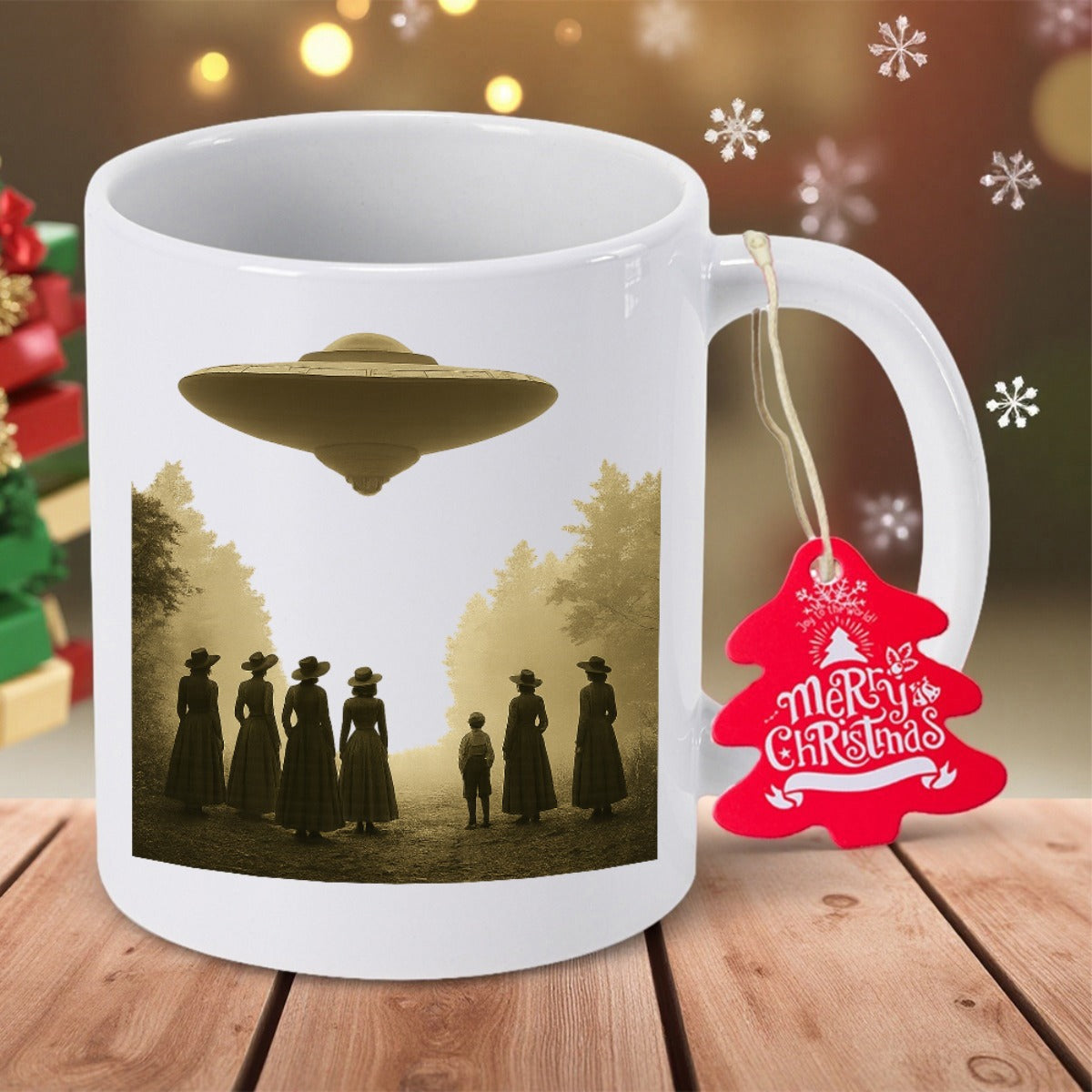 Tailorly White Ceramic 11 oz Mug - Mysterious Golden Flying Saucer Hovering Over People Standing Within Misty Forest UFO
