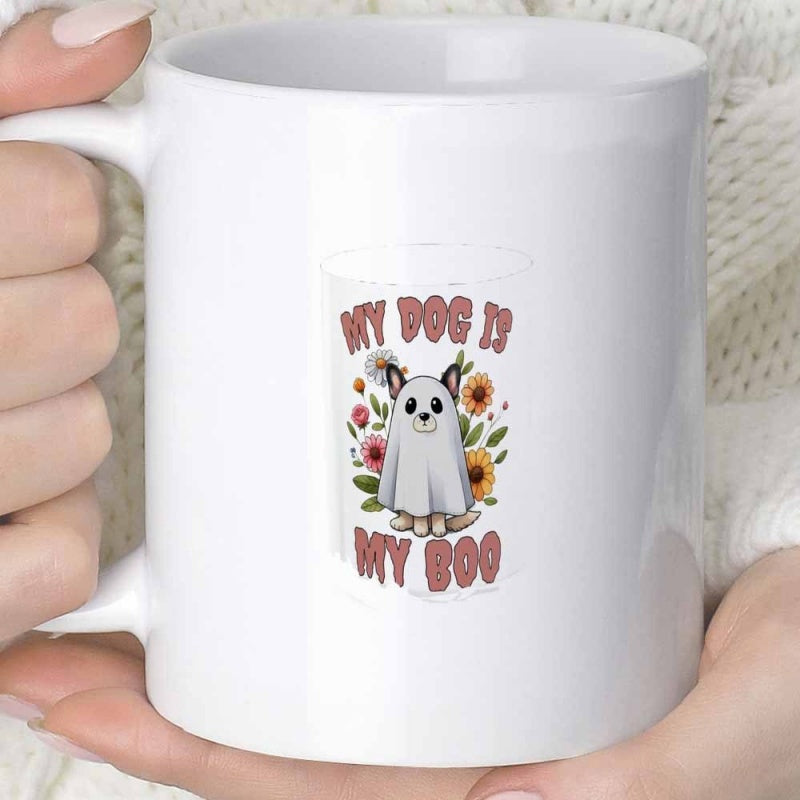 Tailorly White Ceramic 11 oz Mug - My Dog Is My Boo Adorable Small Puppy Wearing Ghost Costume Among Vibrant Blooming Autumn Flowers Dog