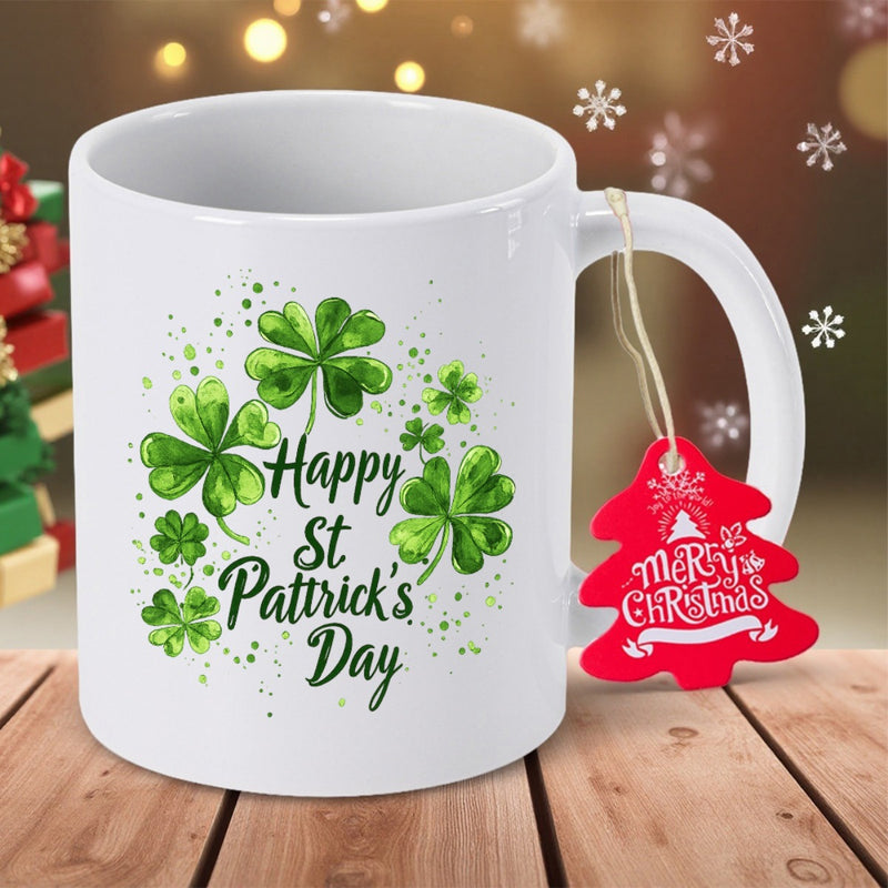 Tailorly White Ceramic 11 oz Mug - Happy St Patricks Day Green Watercolor Shamrocks Scattered With Artistic Splatters Around Decorative Four Leaf Clover