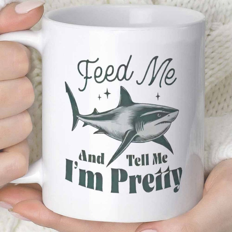 Tailorly White Ceramic 11 oz Mug - Feed Me And Tell Me Im Pretty Fierce Great White Shark Swimming Through Deep Ocean Waters With Sparkling Stars Shark