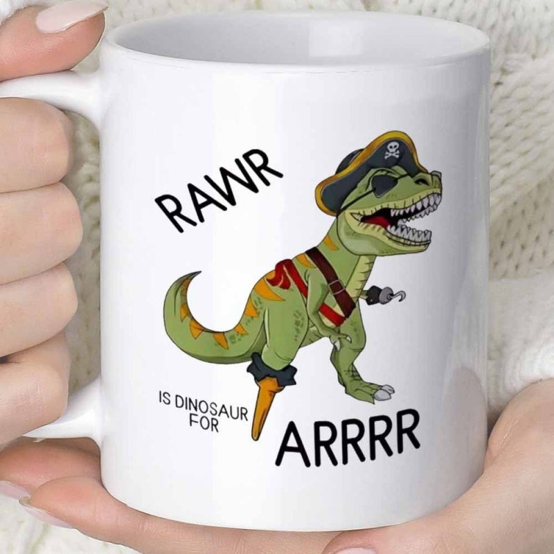 Tailorly White Ceramic 11 oz Mug - Rawr Is Dinosaur For Arrrr Funny Green Cartoon Dinosaur Wearing Pirate Costume With Hook And Hat Dinosaur