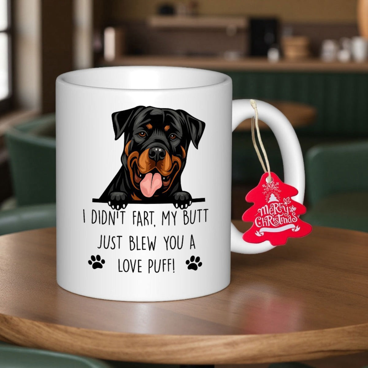 Tailorly White Ceramic 11 oz Mug - I Didnt Fart My Butt Just Blew You A Love Puff Adorable Black Peeking Pet Character Smiling With Tongue Out Rottweiler