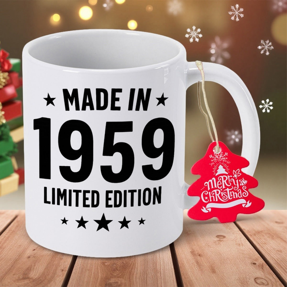 Tailorly White Ceramic 11 oz Mug - Made In 1959 Limited Edition Merry Christmas Minimalist White Ceramic Vessel Featuring Bold Black Lettering And Decorative Stars