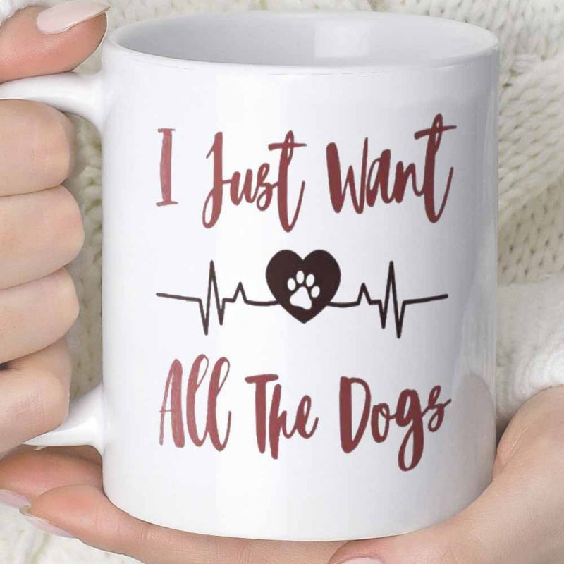Tailorly White Ceramic 11 oz Mug - I Just Want All The Dogs Minimalist Heartbeat Pulse Line With Central Paw Print Inside Heart Heartbeat
