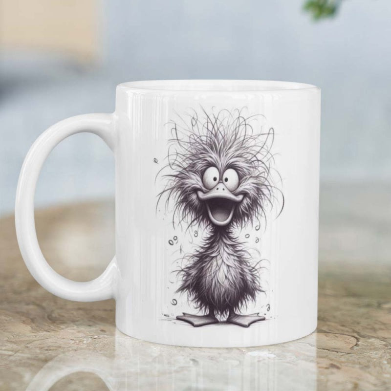Tailorly White Ceramic 11 oz Mug - Messy Fluffy Bird With Wild Feathers And Expressive Big Eyes Surprising Duckling