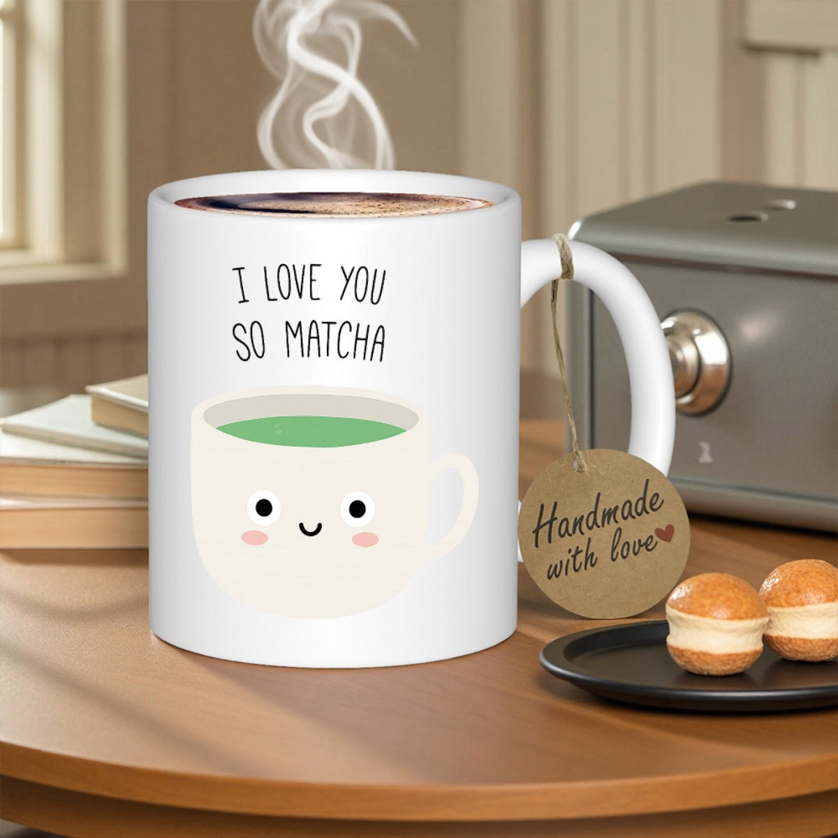 Tailorly White Ceramic 11 oz Mug - I Love You So Matcha Minimalist Smiling Kawaii Cup Filled With Vibrant Green Matcha Mug