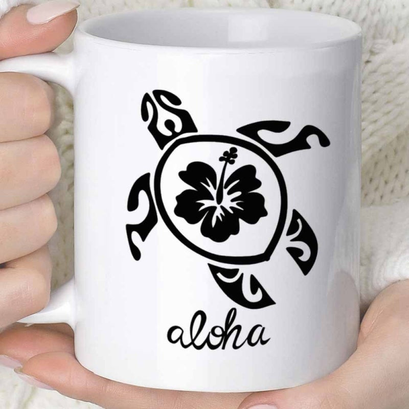 Tailorly White Ceramic 11 oz Mug - Aloha Black Tribal Honu Polynesian Style With Delicate Central Hibiscus Flower Turtle