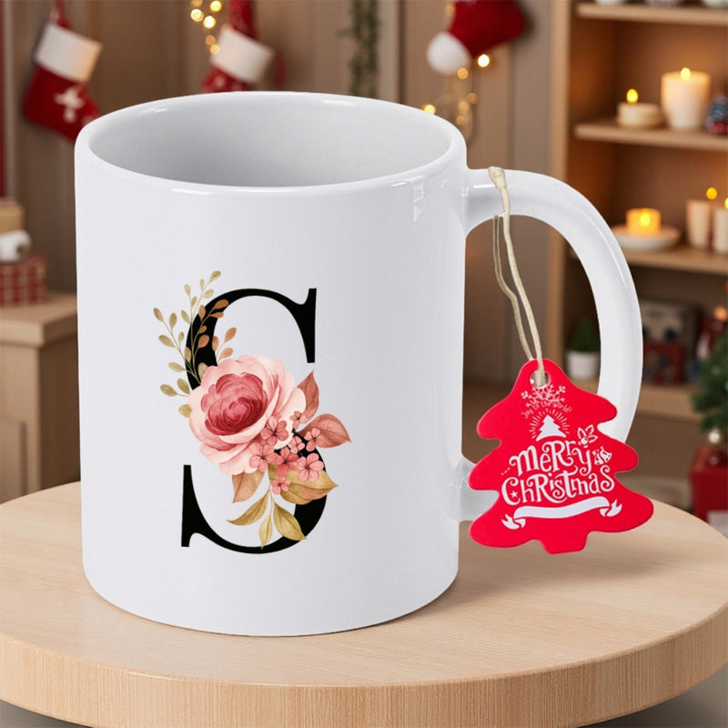 Tailorly White Ceramic 11 oz Mug - S Merry Christmas Elegant Serif Initial Letter Decorated With Blooming Soft Pink Petals And Golden Foliage Flower