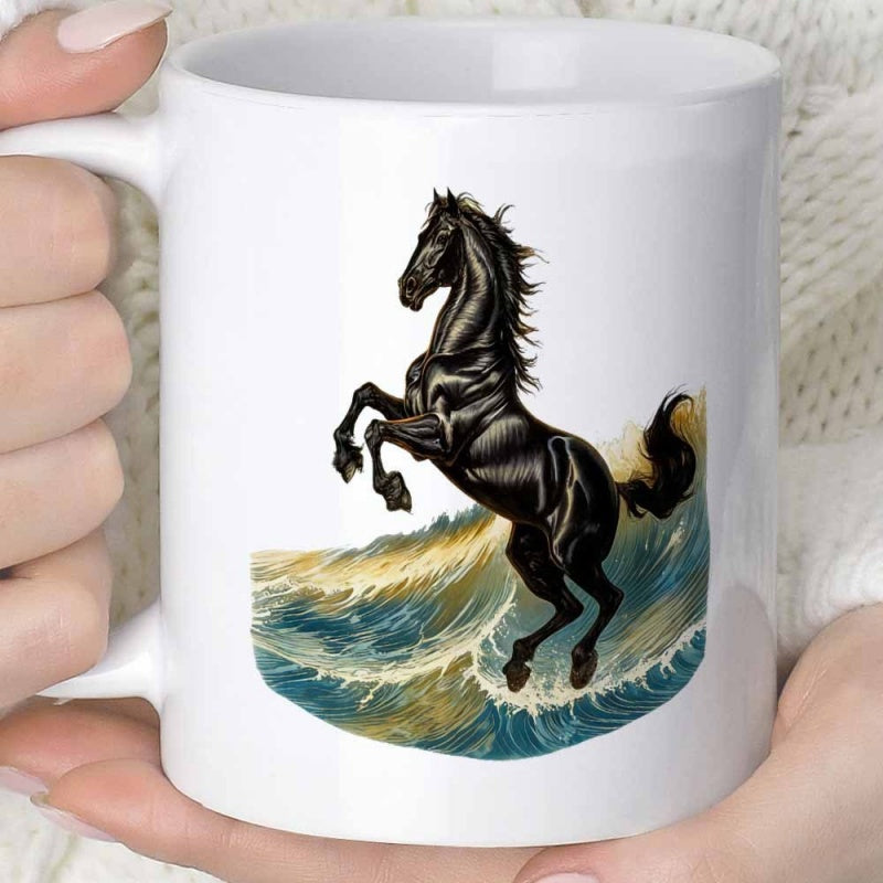 Tailorly White Ceramic 11 oz Mug - Majestic Stallion Rearing Amidst Powerful Blue And Golden Crashing Sea Waves Horse